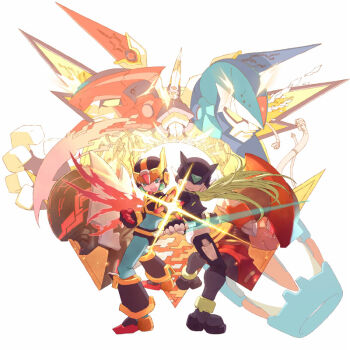 6+others armor black_armor black_helmet black_zero_(mega_man) blonde_hair forehead_jewel from_side full_body gloves green_eyes helmet holding holding_sword holding_weapon jewelry long_hair may_(nicoseiga_32709921) mega_man_(series) mega_man_x:_command_mission mega_man_x_(series) mega_man_zero_(series) multiple_others new_armor_x_(mega_man) official_style omega_(mega_man) open_mouth ponytail red_armor red_eyes red_gloves red_helmet red_scarf scarf shoulder_armor simple_background standing sword teeth two_side_up upper_teeth_only very_long_hair weapon white_background white_gloves x_(mega_man) x_fire_(mega_man) yellow_eyes z_saber zero_(mega_man)