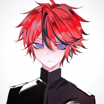 1boy black_hair black_jacket blue_eyes chinese_commentary commentary_request hair_between_eyes high_collar jacket last_defense_academy_school_uniform luolitadeailisi95406 male_focus multicolored_hair portrait red_hair red_pupils sanpaku school_uniform short_hair simple_background solo streaked_hair sumino_takumi the_hundred_line_-last_defense_academy- two-tone_hair white_background