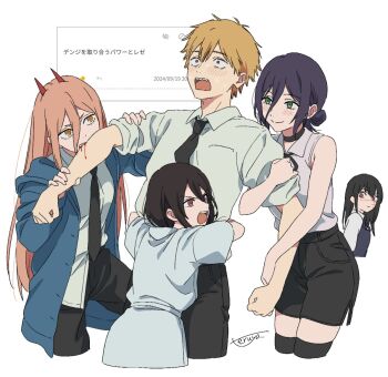 1boy 4girls bare_shoulders biting biting_another&#039;s_arm black_choker black_necktie black_pants black_shorts black_thighhighs blonde_hair blood blue_jacket blush brown_eyes chainsaw_man choker closed_mouth collared_shirt commentary_request cross_scar denji_(chainsaw_man) dress fourth_east_high_school_uniform green_eyes hair_bun highres horns hug jacket long_hair long_sleeves multiple_girls nayuta_(chainsaw_man) necktie open_clothes open_jacket open_mouth orange_hair pants power_(chainsaw_man) red_horns reze_(chainsaw_man) ringed_eyes scar scar_on_face school_uniform sharp_teeth shirt short_hair short_sleeves shorts signature single_hair_bun sleeveless sleeveless_shirt symbol-shaped_pupils teeth teruya_(6w6y) thighhighs translation_request white_dress white_shirt yellow_eyes yoru_(chainsaw_man)