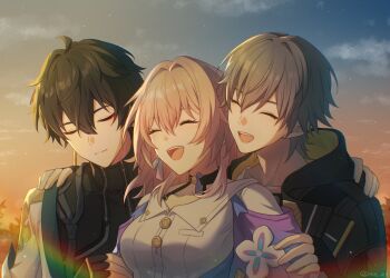 1girl 2boys artist_name black_choker black_coat black_gloves black_hair black_shirt blue_jacket blue_sky breasts buttons caelus_(honkai:_star_rail) chinese_clothes choker closed_eyes closed_mouth cloud cloudy_sky coat collarbone collared_shirt dan_heng_(honkai:_star_rail) dan_heng_(hunt)_(honkai:_star_rail) earclip earrings evening eyeliner fingerless_gloves fingernails flower flower_ornament gloves grabbing_another&#039;s_arm gradient_sky grey_hair hair_between_eyes hand_on_another&#039;s_back hand_on_another&#039;s_shoulder happy highres honkai:_star_rail honkai_(series) hood hooded_coat jacket jewelry lapels makeup march_7th_(honkai:_star_rail) march_7th_(preservation)_(honkai:_star_rail) medium_breasts multiple_boys open_clothes open_coat open_jacket open_mouth outdoors pink_hair rainbow red_eyeliner rune_(rne_at) shirt short_hair sidelocks single_earring sky smile tearing_up teeth tongue trailblazer_(honkai:_star_rail) two-sided_coat two-sided_fabric upper_body white_flower white_shirt yellow_coat yellow_sky zipper