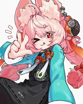 &gt;_o 1girl absurdres ahoge animal_ear_fluff animal_ear_piercing animal_ears blush braid braided_twintails bright_pupils chinese_clothes closed_mouth commentary english_commentary furry furry_female green_shirt highres long_hair looking_at_viewer mandarin_collar medallion notice_lines one_eye_closed pink_fur pink_hair rabbit_ears rabbit_girl red_eyes screw scribbledmoon shirt short_eyebrows simple_background solo thick_eyebrows tongue tongue_out upper_body w white_background white_pupils zenless_zone_zero zhao_(zenless_zone_zero)