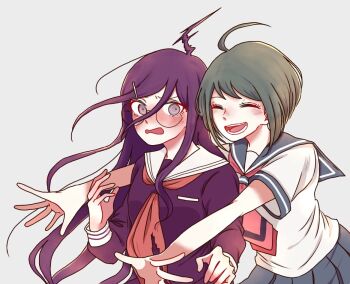 2girls ahoge blue_sailor_collar blue_skirt blush closed_eyes collared_shirt commentary_request danganronpa_(series) danganronpa_another_episode:_ultra_despair_girls eyelashes fukawa_toko glasses green_hair hair_ornament hairclip incoming_hug kiri_(2htkz) legendary_super_saiyan long_hair long_sleeves multiple_girls naegi_komaru neckerchief necktie open_mouth purple_hair purple_shirt red_neckerchief red_necktie round_eyewear sailor_collar school_uniform serafuku shirt simple_background skirt small_pupils smile super_saiyan teeth torn_clothes torn_neckerchief upper_body white_background white_sailor_collar white_shirt