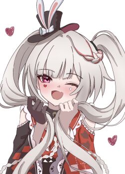 1girl :d black_gloves butterfly-shaped_pupils checkered_clothes checkered_kimono commentary_request diamond_(shape) diamond_facial_mark diamond_on_cheek diamond_print facial_mark fang gloves hat hat_ornament heart heart_facial_mark heart_on_cheek highres holding holding_own_hair honkai:_star_rail honkai_(series) japanese_clothes kimono looking_at_viewer mark_under_both_eyes oimo_imonium one_eye_closed open_mouth rabbit_hat_ornament red_streaks simple_background single_glove skin_fang smile solo sparkle_(honkai:_star_rail) sparxie_(honkai:_star_rail) symbol-shaped_pupils twintails white_background