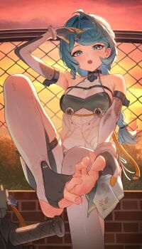 1girl absurdres arm_up armpits backlighting bare_shoulders blue_eyes blue_hair breasts chain-link_fence dress elbow_gloves feet fence gloves handkerchief highres leg_up long_hair looking_at_viewer low-tied_long_hair medium_breasts open_mouth outdoors pantyhose presenting_foot seed_(zenless_zone_zero) sitting sleeveless sleeveless_dress solo stirrup_legwear sunset sweat swept_bangs toeless_legwear toes unnunal_(unneonal) white_dress white_pantyhose zenless_zone_zero