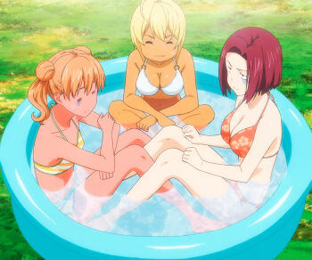 3girls anime_screenshot bikini blonde_hair breasts closed_eyes closed_mouth crossed_arms female_focus floral_print floral_print_bikini grass hair_bun hands_on_own_knees highres large_breasts mito_ikumi multiple_girls o-ring o-ring_bikini orange_bikini orange_hair outdoors print_bikini purple_hair sakaki_ryouko shokugeki_no_souma short_hair small_breasts smile stitched striped_bikini striped_clothes sunburn sweatdrop swimsuit third-party_edit wading_pool white_bikini yellow_bikini yoshino_yuuki