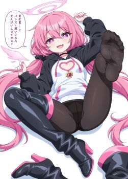 1girl boots feet halo highres kyuutou_(kyuutouryuu) light_blush long_hair looking_at_viewer open_mouth original panties panties_under_pantyhose pantyhose pink_eyes pink_hair shoes soles toes translated underwear unworn_boots unworn_shoes