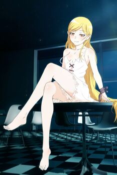 Rule 34 | 1girl, absurdres, bare legs, bare shoulders, barefoot, blonde hair, blush, breasts, chair, cleavage, closed mouth, collarbone, convenient hair, crossed legs, dress, feet, female focus, full body, highres, indoors, kiss-shot acerola-orion heart-under-blade, kiss-shot acerola-orion heart-under-blade (young), kizumonogatari, legs, long hair, looking at viewer, monogatari (series), no bra, orange eyes, oshino shinobu, pointy ears, sbel02, shoulder blush, sitting, sleeveless, sleeveless dress, small breasts, smile, smirk, smug, solo, solo focus, table, thighs, toes, vampire, very long hair, white dress