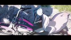 1girl animal_ears animated black_bodysuit bodysuit breasts cleavage clothing_cutout fate/grand_order fate_(series) fox_ears fox_girl fox_tail hair_ribbon helmet highres hip_vent koyanskaya_(assassin)_(first_ascension)_(fate) koyanskaya_(fate) large_breasts long_hair motor_vehicle motorcycle motorcycle_helmet official_art pink_hair pink_ribbon ponytail ribbon sound tagme tail thigh_cutout thighs very_long_hair video zipper zipper_pull_tab