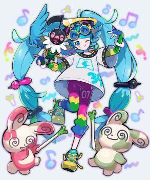1girl :q alternate_color aqua_hair beamed_eighth_notes bird blue_eyes chatot closed_eyes commentary earrings eighth_note eyewear_on_head fingerless_gloves fuinagi_(huyuu_mm) gen_3_pokemon gen_4_pokemon gloves hatsune_miku highres jewelry long_hair looking_at_viewer multicolored_pants musical_note nintendo normal_miku_(project_voltage) one_eye_closed pants pokemon pokemon_(creature) project_voltage shiny_and_normal shiny_pokemon shirt shoes smile sneakers spinda spring_onion standing standing_on_one_leg sunglasses tongue tongue_out twintails very_long_hair vocaloid white_shirt