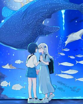 2girls absurdres aquarium backpack bag baka_ni_kokuhaku black_hair blue_dress blue_shorts blush collared_dress commentary_request dress eye_contact fish grey_hair hayami_(baka_ni_kokuhaku) highres holding_hands indoors interlocked_fingers long_hair looking_at_another manta_ray multiple_girls official_art ootsuki_ayumu parted_lips shirt shoes short_hair shorts smile watch whale_shark white_shirt white_shoes wristwatch yasaka_syu yuri