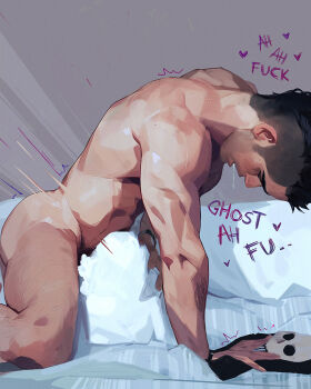 1boy ass bara bed black_hair call_of_duty call_of_duty:_modern_warfare_2 completely_nude english_text indoors male_focus mask muscular muscular_male nude on_bed open_mouth pillow short_hair skull_mask soap_(modern_warfare_2) solo voidbringerr yaoi