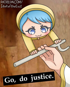 1boy 1girl :3 blue_eyes blue_hair blush cane caption chibi cross cross_necklace go_do_a_crime_(meme) highres holding holding_cane idiot_of_the_east jewelry jubilee_2025 long_sleeves luce_(jubilee_2025) meme necklace patreon_username pov pov_hands raincoat reaching v-shaped_eyebrows wooden_floor yellow_raincoat