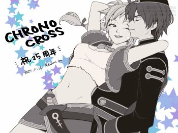 1boy 1girl 8warebw anniversary arm_around_neck arms_behind_head bead_necklace beads beret black_hat black_jacket breasts chrono_trigger cleavage closed_eyes closed_mouth copyright_name cowboy_shot crop_top cropped_vest dagger dark_serge_(chrono_cross) dated facial_mark hair_between_eyes hat hat_ornament hetero jacket jewelry kid_(chrono_cross) knife medium_breasts midriff military_hat military_jacket miniskirt multi-tied_hair navel necklace one_eye_closed open_mouth ponytail shirt short_hair short_sleeves skirt skull_hat_ornament smile torn_clothes torn_shirt twitter_username vest weapon white_shirt