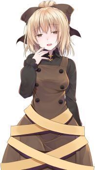 Rule 34 | 1girl, black bow, black shirt, blonde hair, bow, breasts, brown dress, brown eyes, buttons, collared shirt, commentary request, cowboy shot, crote, dress, fingernails, frilled sleeves, frills, hair bow, hand up, head tilt, highres, kurodani yamame, large variant set, long sleeves, looking at viewer, medium breasts, pinafore dress, ponytail, shirt, short hair, simple background, sleeveless, sleeveless dress, solo, standing, tachi-e, touhou, transparent background, variant set