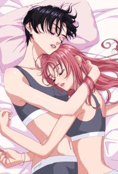 2girls aoi-kun_ga_ikemen_sugite_tsurai aoi_(aoi-kun_ga_ikemen_sugite_tsurai) bare_arms black_hair black_sports_bra closed_eyes commentary_request cuddling grey_panties highres hug long_hair miri_(aoi-kun_ga_ikemen_sugite_tsurai) multiple_girls on_bed panties parted_lips pillow pink_hair short_hair sleeping sports_bra underwear yanqi_momota yuri