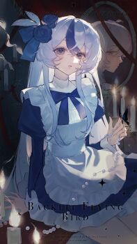 2girls absurdres apron blue_bow blue_bowtie blue_dress blue_eyes blue_flower blue_hair blue_rose bow bowtie candle closed_mouth cowboy_shot double-parted_bangs dress flower frilled_dress frills hair_between_eyes hair_flower hair_ornament hand_up highres juliet_sleeves long_hair long_sleeves loobookk looking_at_viewer mirror multicolored_hair multiple_girls original parted_lips puffy_sleeves rose sitting two-tone_hair watermark white_apron white_hair