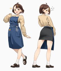 Rule 34 | 1girl, ?, absurdres, antenna hair, apron, black footwear, black skirt, blonde hair, blue apron, brown hair, brown sweater, commentary, english commentary, from behind, full body, highres, lewdrawings, loafers, looking at viewer, looking to the side, multicolored hair, multiple views, nashi (lewdrawings), open mouth, original, pencil skirt, profile, shoes, simple background, skirt, socks, sparkle, standing, streaked hair, sweater, two-tone hair, white background, white socks