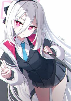 black_jacket blue_archive blue_necktie commentary_request grey_skirt hair_between_eyes halo highres ika_(4801055) jacket kei_(blue_archive) kei_(new_body)_(blue_archive) long_hair long_hair_between_eyes multicolored_jacket necktie open_clothes open_jacket pink_eyes pink_halo shirt simple_background skirt thighs two-tone_jacket v white_background white_hair white_jacket white_shirt