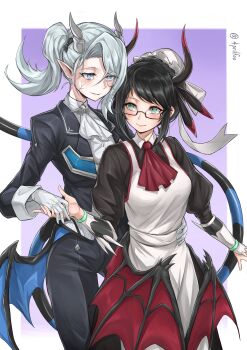 2girls 41_(chvinyau) absurdres apron arias_the_labrynth_butler ascot black_hair blush closed_mouth commentary_request cracked_skin demon_girl demon_horns demon_tail demon_wings dragon_girl dragon_horns dragon_wings duel_monster glasses gloves green_eyes grey_eyes grey_hair hand_on_another&#039;s_hip highres holding holding_hands horns house_dragonmaid long_hair long_sleeves looking_at_another low_wings maid maid_apron maid_headdress monocle multiple_girls parted_lips pointy_ears puffy_long_sleeves puffy_sleeves red_ascot smile tail victorian_maid white_gloves wings yu-gi-oh!