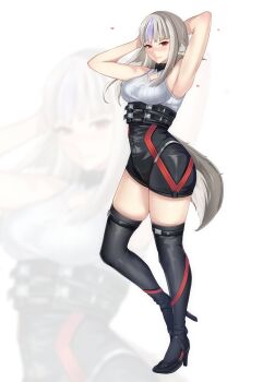 1girl above-cleavage_cutout absurdres animal_ears armpits blush boots clothing_cutout cosplay costume_switch fire_emblem fire_emblem_fates high_heels highres na'el_(xenoblade) nintendo purple_hair red_eyes smile succducc888 tail thigh_boots velouria_(fire_emblem) white_hair wolf_ears wolf_girl wolf_tail xenoblade_chronicles_(series) xenoblade_chronicles_3 xenoblade_chronicles_3:_future_redeemed