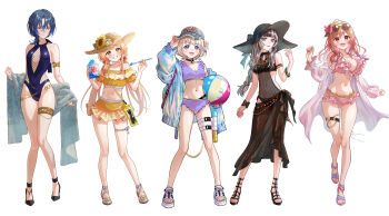 5girls absurdres ahoge armlet azusamaru ball baseball_cap beachball bikini bikini_skirt black_bikini black_choker black_hair blonde_hair blue_eyes blue_hair blue_one-piece_swimsuit blush bracelet braid breasts choker commentary_request covered_navel denim_headwear eyewear_on_head flower food full_body gladiator_sandals gold_armlet grey_hair hair_bun hair_flower hair_ornament hat hat_flower high_heel_sandals highres hiodoshi_ao holding holding_spoon holding_towel hololive hololive_dev_is ichijou_ririka jacket jewelry juufuutei_raden large_breasts long_hair low_twintails multicolored_hair multiple_girls navel necklace one-piece_swimsuit orange_eyes orange_hair otonose_kanade pink_bikini pink_nails purple_bikini purple_eyes purple_sandals red_eyes regloss_(hololive) sandals sarong see-through_clothes see-through_jacket shaved_ice side_braid simple_background smile spoon straw_hat sun_hat sunflower sunglasses swimsuit thigh_strap todoroki_hajime towel twintails two-tone_hair virtual_youtuber water_gun white_background yellow_bikini