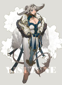 1girl adoptable animal_ears artist_name blue_eyes breasts buffalo cleavage commentary_request cow_ears cow_girl cow_tail dress earrings forehead_jewel full_body grey_background grey_hair grey_tail highres huge_breasts jewelry looking_at_viewer neck_ring open_mouth original sleeves_past_fingers sleeves_past_wrists solo tail teeth thai_commentary watermark white_dress yusu_zune