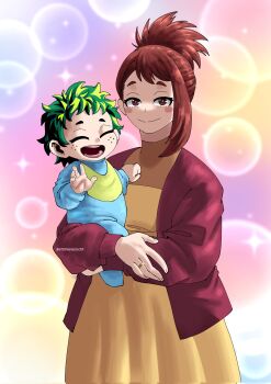 1boy 1girl artist_name baby blush_stickers boku_no_hero_academia brown_eyes brown_hair carrying_baby carrying_person closed_eyes closed_mouth freckles green_hair highres if_they_mated jewelry looking_at_viewer matching_hair/eyes mother's_day mother_and_child mother_and_son official_alternate_hairstyle open_mouth parent_and_child ring smile stephenogodi teeth twitter_username uraraka_ochako wedding_ring