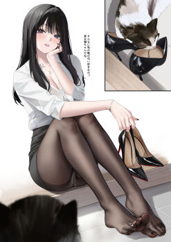 Rule 34 | 1girl, abab xiaxia, black hair, black nails, black skirt, bracelet, breasts, button gap, cat, christian louboutin (brand), cleavage, collarbone, collared shirt, commentary request, feet, hair between eyes, hand on own cheek, hand on own face, head rest, high heels, highres, holding, holding shoes, holding unworn clothes, jewelry, kurosawa saemi (abab xiaxia), large breasts, legs, long hair, looking at animal, louboutins, mole, mole under eye, nail polish, office lady, original, panties, panties under pantyhose, pantyhose, parted lips, patent heels, pencil skirt, pendant, pumps, purple eyes, red soles, shirt, shoes, sitting, skirt, sleeves rolled up, smile, solo, stiletto heels, thighs, toe seam, toenail polish, toenails, toes, translation request, underwear, unworn shoes, white panties, white shirt