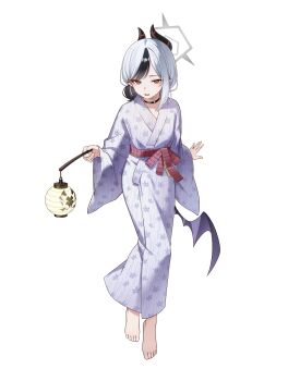 1girl absurdres alternate_costume alternate_hairstyle barefoot black_choker black_hair blue_archive blush choker commentary_request demon_girl demon_horns demon_wings floral_print floral_print_kimono highres holding holding_lantern horns japanese_clothes kayoko_(blue_archive) kimono lantern long_hair multicolored_hair open_mouth paper_lantern pink_sash print_kimono red_eyes revebw sash single_wing solo two-tone_hair white_hair white_kimono wings