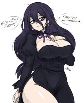 1girl alternate_breast_size_(larger) bags_under_eyes black_shrug breasts cleavage cleavage_cutout closed_mouth clothing_cutout commentary corset earrings english_commentary english_text eyelashes graphicthereal hair_between_eyes heart hex_maniac_(pokemon) hex_maniac_(pokemon_legends:_z-a) jewelry large_breasts nintendo pokemon pokemon_legends:_z-a purple_eyes purple_pupils shrug_(clothing) signature simple_background smile solo speech_bubble standing thighs white_background