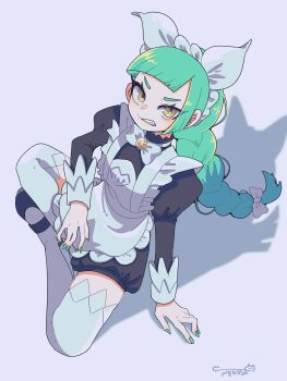 1girl aqua_hair bow braid braided_ponytail brown_eyes commentary_request eyelashes full_body highres kininaru_ano_ko lebanne_(pokemon) long_hair low-tied_long_hair maid maid_headdress nintendo pokemon pokemon_legends:_z-a signature sitting solo thighhighs v-shaped_eyebrows white_bow white_thighhighs