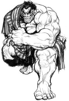 Rule 34 | 1boy, black hair, chonmage, e. honda, facepaint, full body, game cg, greyscale, hand on own knee, highres, male focus, monochrome, muscular, muscular male, nishimura kinu, non-web source, official art, open mouth, simple background, smile, solo, street fighter, street fighter ii (series), sumo, teeth, topknot, veins, veiny arms, white background