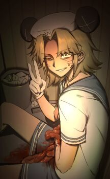 1boy bleeding blonde_hair blood brown_eyes commentary_request constricted_pupils disembowelment gaezugi2_2 gloves guro hat highres injury intestines kinder_surprised_michael_jr. korean_commentary looking_at_viewer male_focus mouse_hat randal's_friends sailor sailor_hat shirt short_hair shorts sitting solo trash_can uneven_eyes v whiskers white_gloves white_shirt