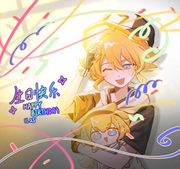 1boy ;d aotu_world baseball_cap black_gloves black_hairband black_hat blonde_hair blue_eyes character_doll chinese_commentary chinese_text confetti dated doll english_text fingerless_gloves gloves hair_between_eyes hairband hand_up happy_birthday hat highres holding holding_doll hood hood_down hoodie hugging_object king_(aotu_world) low_twintails multicolored_hat multicolored_hoodie one_eye_closed open_mouth pointy_ears q_(aotu_world) short_hair short_sleeves smile solo sparkle twintails upper_body white_hoodie wosu_yige_hebaodan