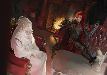 2boys absurdres angel armor black_armor chinese_commentary cigarette commentary_request couch curtains facial_mark feet_on_table fire fireplace flower forehead_mark highres holding holding_cigarette indoors long_hair looking_at_another lord_of_the_mysteries medici_(lord_of_the_mysteries) multiple_boys on_couch ouroboros_(lord_of_the_mysteries) parted_lips red_eyes red_hair robe seat sitting smile smoke table teeth vase wall white_eyes white_hair white_robe yinyoushirenmaotouying