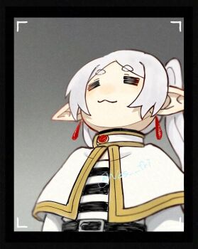 1girl :3 =_= black_border border capelet commentary_request earrings elf frieren gold_trim jewelry meme nos_fri pointy_ears short_eyebrows solo sousou_no_frieren standing thick_eyebrows twintails upward_angle_frieren_drawing_(meme) white_capelet white_hair