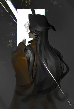 1girl alternate_hair_color black_hat brown_hair commentary detached_sleeves from_behind hat highres long_hair long_sleeves looking_at_viewer matara_okina okina's_natural_hair_color orange_tabard sketch solo tabard touhou very_long_hair wb_yimo wide_sleeves yellow_eyes