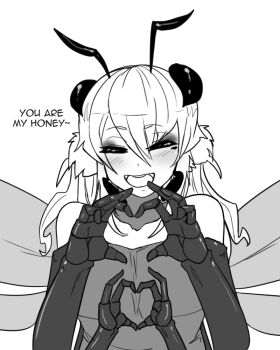 four-finger_heart_hands :d antennae arthropod_girl bee_girl blush caption closed_eyes dress english_text extra_arms extra_eyes facing_viewer greyscale happy heart heart_hands insect_girl insect_wings less long_hair monochrome monster_girl multiple_wings open_mouth smile upper_body wings
