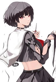 Rule 34 | 1girl, absurdres, alternate hair length, alternate hairstyle, arm cutout, artist name, ayj (ayoungart), black choker, black shirt, black skirt, chisa (wuthering waves), choker, clothing cutout, commentary, cowboy shot, crop top, cutting hair, cutting own hair, english commentary, highres, holding, holding scissors, long sleeves, looking at viewer, looking to the side, red eyes, sailor collar, scissors, shirt, short hair, simple background, skirt, solo, tacet mark (wuthering waves), white background, white sailor collar, wuthering waves