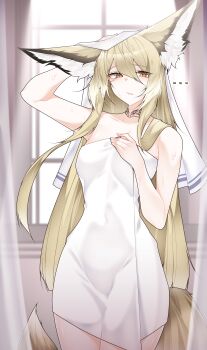 ... 1girl absurdres animal_ear_fluff animal_ears arknights blonde_hair breasts closed_mouth cowboy_shot dated_commentary fox_ears fox_girl fox_tail highres indoors large_ears long_hair looking_at_viewer medium_breasts naked_towel neck_tattoo orange_eyes samip scar scar_on_face solo tail tattoo towel vulpisfoglia_(arknights)