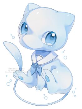 Rule 34 | alternate color, blue bow, blue eyes, bow, full body, gen 1 pokemon, highres, iwasi 29, legendary pokemon, looking at viewer, mew (pokemon), mythical pokemon, nintendo, no humans, pokemon, pokemon (creature), pokemon focus, sailor collar, shiny pokemon, simple background, solo, tail, white sailor collar