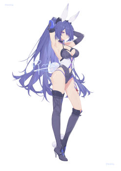 1girl acheron_(honkai:_star_rail) adapted_costume adjusting_hair animal_ears armpits arms_up artist_name bare_shoulders black_boots black_leotard boots breasts chinese_commentary cleavage closed_mouth clothing_cutout commentary_request elbow_gloves eyes_visible_through_hair fake_animal_ears full_body gloves hair_over_one_eye halterneck high_heel_boots high_heels high_ponytail highres honkai:_star_rail honkai_(series) large_breasts leotard long_hair looking_at_viewer multicolored_hair navel navel_cutout playboy_bunny pmmg ponytail presenting_own_armpit purple_eyes purple_gloves purple_hair rabbit_ears signature simple_background smile solo streaked_hair very_long_hair white_background