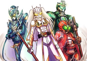 2boys 2girls armor bodysuit character_request cloak copyright_request frieren green_armor green_eyes green_helmet grey_hair group_picture helmet highres hood hooded_cloak kamen_rider kamen_rider_ex-aid_(series) kamen_rider_w lost_driver multiple_boys multiple_girls red_cloak saikekuu simple_background sousou_no_frieren tokusatsu twintails white_background white_bodysuit white_helmet yellow_eyes