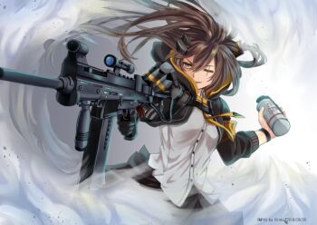 1girl aiming artist_name black_gloves brown_eyes brown_hair cowboy_shot dated debris female_focus finger_on_trigger foregrip foreshortening girls&#039;_frontline gloves gun h&amp;k_ump hair_between_eyes holding holding_gun holding_weapon jacket kyoraku_(weng3133) long_hair mechanical_arms mod3_(girls&#039;_frontline) necktie one_eye_closed scar scar_across_eye scar_on_face scope shirt single_glove single_mechanical_arm sleeves_pushed_up smile smoke smoke_grenade solo submachine_gun ump45_(girls&#039;_frontline) ump45_(mod3)_(girls&#039;_frontline) untucked_shirt weapon white_shirt wind