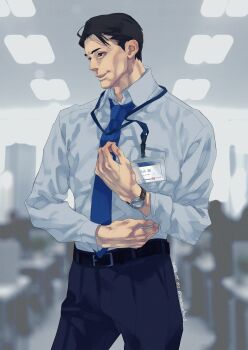 Rule 34 | 1boy, absurdres, akiyama shun, alternate hair length, alternate hairstyle, black eyes, black hair, blue necktie, commentary request, dress shirt, highres, id card, lanyard, necktie, nicacu, office, official alternate costume, official alternate hairstyle, ryuu ga gotoku (series), ryuu ga gotoku 4, shirt, short hair, solo, suit pants, watch, wristwatch