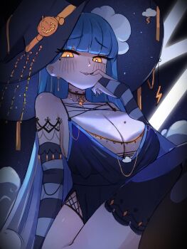 1girl :3 absurdres blue_dress blue_hair blue_thighhighs blunt_bangs blush breasts bridal_gauntlets bright_pupils choker cleavage dress finger_to_mouth gloves glowing glowing_eyes halloween hat highres jewelry lace-trimmed_choker lace_trim large_breasts lightning long_hair looking_at_viewer mole mole_on_breast nemearts night night_sky open_mouth orange_eyes original sky smile solo striped_clothes striped_gloves thighhighs two-sided_fabric two-sided_headwear witch witch_hat