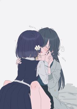 Rule 34 | 2girls, black hair, black skirt, black vest, closed eyes, collared shirt, commentary, flower, french kiss, gakuen idolmaster, green hair, hair flower, hair ornament, hataya misuzu, highres, idolmaster, kiss, long hair, multiple girls, shirt, short hair, skirt, soy ojuice, tongue, translation request, tsukimura temari, vest, white flower, white shirt, yuri