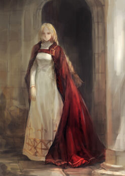 1girl blonde_hair braid breasts brown_eyes dress final_fantasy final_fantasy_tactics full_body highres interior long_hair looking_at_viewer medium_breasts midoriimo_(9ne8n) ovelia_atkascha red_robe robe solo white_dress