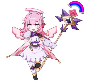 1girl angel_wings black_shoes blue_eyes breasts bunmk08 cape commentary_request dress elf_elysia gloves halo highres holding holding_staff honkai_(series) honkai_impact_3rd korean_commentary large_breasts medium_hair pink_hair shoes simple_background single_bare_foot single_shoe single_thighhigh solo staff thighhighs toes white_background white_dress white_gloves white_thighhighs wings