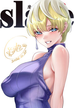 1girl absurdres bare_shoulders blonde_hair blue_eyes breasts clip_studio_paint_(medium) commentary_request copyright_name dated from_side highres izumo_tenka large_breasts mato_seihei_no_slave purple_sweater short_hair sleeveless sleeveless_sweater solo sweater upper_body wanzi_(99wanzi99)